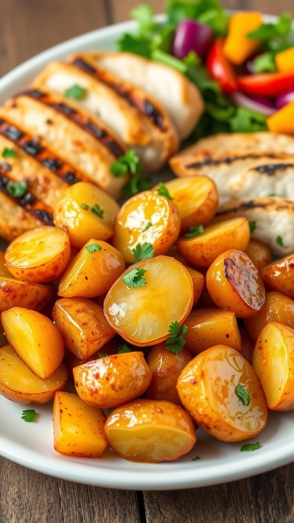 Crispy air fryer baby potatoes garnished with parsley, served with grilled chicken and salad.
